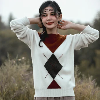 100 % Yün Kazak Kadın O-Boyun Uzun Kollu Üstleri Kore Moda Gevşek Örme Kazak Patchwork Kış Sıcak Rahat Mujer Giydirin