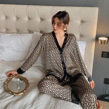 2 adet kadın Pijama Setleri Kadın Pijama Yaz V Yaka Tasarım Takım Elbise Uzun Kollu Pantolon Seti Ev Giysileri Seksi Saten İpek Pijama