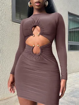 2022 Yeni Hollow Out Dantelli Mini Elbise Kadınlar İçin Elbise Sonbahar O Boyun Uzun Kollu Bodycon Parti Kısa Elbise Vestido