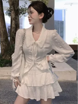 2023 Tatlı Kadın Beyaz Takım Elbise Fransız Zarif Dantel - up Üst Vintage A-line Dantelli Etek Yeni Moda Bayan Uzun Kollu 2 Parça Set