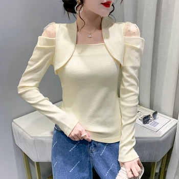 2023 Yeni Sonbahar Kış Avrupa Giyim pamuklu tişört Kadın Moda Seksi Kare Yaka Patchwork Mesh Uzun Kollu Tees Tops 38010