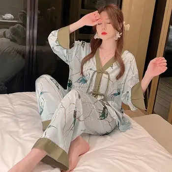 2023 çin hanfu tarzı buz ipek pijama kadın ilkbahar sonbahar uzun kollu set disk düğmesi baskılı rahat gevşek ev giyim s321