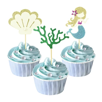 6 adet Denizkızı Kuyruğu Kek Topper Küçük Denizkızı Parti yosun Kabuk Kız Doğum Günü Bebek Duş Cupcake Tatlı DIY Süslemeleri