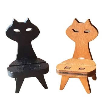 Ahşap Kedi Şekli Küçük Tabure Sandalye Mobilya Modeli Oyuncak Dollhouse Minyatür Mobilya DIY Sandalye Şekli Cep telefon tutucu