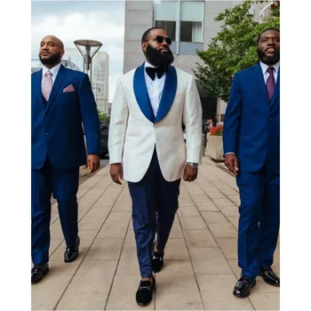 Artı Boyutu Jakarlı Düğün Damat Erkek Takım Elbise Asil Balo Blazer Slim Fit Mavi Şal Yaka Smokin Bir Düğme 2 Adet Ceket + Pantolon