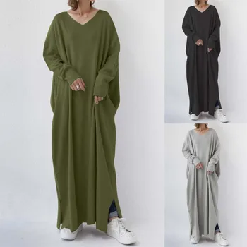 Artı Boyutu Kazak Gevşek Casual Maxi Elbiseler Kadınlar için Uzun Kollu V Boyun Loungewear Pijama Bornoz Yan Yarıklar Tişörtü Elbise