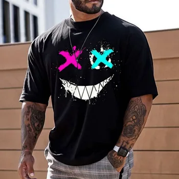 Avrupa ve Amerikan erkek tişört Kötü Gülen Yüz Baskılı Kısa Kollu Üst Rahat Renk Eşleştirme T-shirt Büyük Boy T Shirt