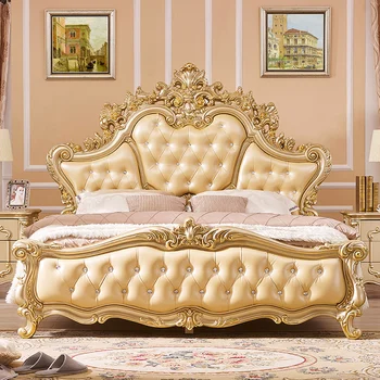 Avrupa yatak Çift Kişilik yatak Ana Yatak Odası 1.8 m yatak Deri katı ahşap Prenses yatak Villa lüks lüks Fransız çift kişilik yatak