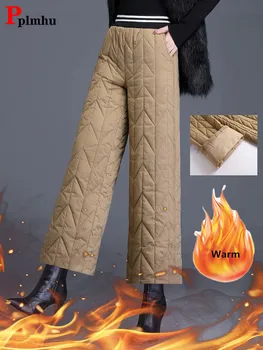 Baggy Kalınlaşmak Aşağı pamuklu pantolonlar Kış Sıcak kadın Geniş Bacak Pantalones Rahat Yüksek Bel Kar Sweatpants Büyük Boy 4xl Pantalon