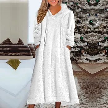 Bayanlar Ev Elbiseler Rahat Gevşek Sıcak Kapşonlu Polar Kazak Elbise Gecelik Ceket Elbiseler Ev Giysileri Kadınlar İçin