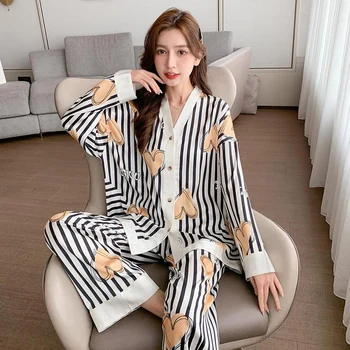 Bayanlar Uzun Kollu Pijama Pantolon 2 Parça Set Çiçek Baskı Kıyafeti Kadın İpeksi Saten Pijama Buz İpek Düğme Pijama Salonu Seti