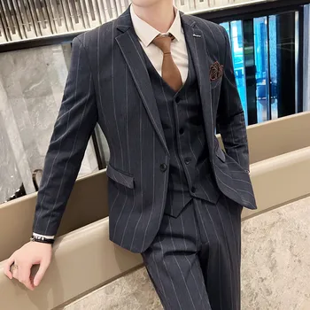 Butik (Blazer + Yelek + Pantolon ) erkek Moda İş Rahat İtalyan Tarzı Slim fit Düğün Beyefendi Çizgili Trend 3 parçalı Set