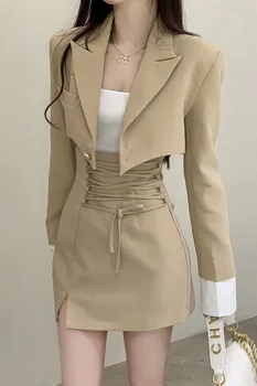 Casual Kadın 2 Parça Set Blazers ve Etekler Lace Up Yüksek Bel Dipleri Uzun Kollu Turn Down Yaka Patchwork Ince Düz Takım Elbise