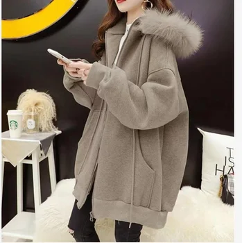 Ceket Ayrılabilir Peluş Yaka Kapşonlu Kalınlaşmış Ceket Kazak Yeni Kore Gevşek Sıcak Kadın Sonbahar Kış Giyim