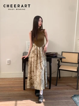 CHEERART Vintage Kahverengi Batik Patchwork Midi Elbise Kadınlar İçin 2023 Tasarımcı Tunikler Kolsuz Cheongsam'lar uzun elbise Elbise