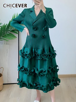 CHICEVER Zarif Dantelli Elbiseler Kadınlar Için Yaka Uzun Kollu Yüksek Bel Gevşek Katı Eklenmiş Yenilebilir Ağaç Mantar Midi Elbise Kadın