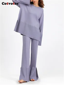 Cotvotee 2 Parça Setleri Bayan Kıyafetler 2023 Sonbahar Kış Gevşek O Boyun Katı Casual Tops pantolon Setleri Yüksek Belli Bölünmüş Flare Pantolon