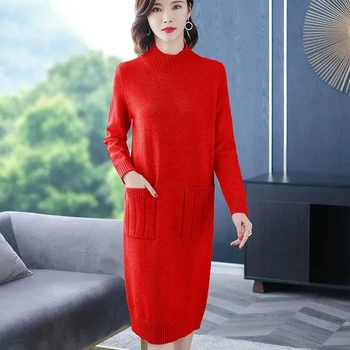Düz Renk Dikiş kadın Rahat Örme Elbise Sonbahar Kış Yeni Uzun Kollu O-Boyun Yün Örme Elbiseler