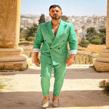 Erkek Takım Elbise Son Tasarım Koyu Yeşil Keten Erkek Arkadaşı Lüks Takım Elbise Düğün Slim Fit 2 Adet Beyefendi Özel kıyafetler elbiseler