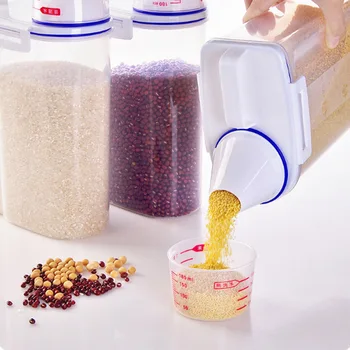 Ev Mutfak Tahıl Şeker Un Depolama Fasulye Kavanoz Şişe Şeffaf Ölçüm Kabı İle Mühürlü Pirinç Kovası saklama kutusu