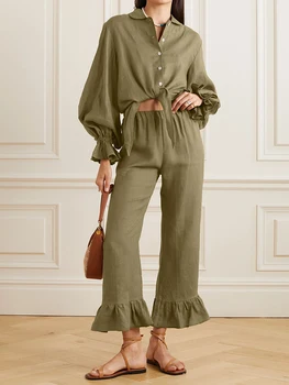 Hiloc Yeşil Pamuklu Pijama kadın Ev Giysileri Fener Uzun Kollu Ev Takım Elbise Kadın Setleri 2023 Sonbahar Yaka Ev giyim