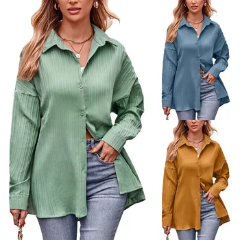 Iş Sokak kadın Üst 2023 Sonbahar / Kış Yeni Rahat Çift Hat Jakarlı Gevşek Düğme Uzun Kollu Düz Renk Gömlek