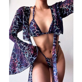 Kadın 3 parça mayo leopar üçgen Bikini mayo Kimono plaj kıyafeti ile