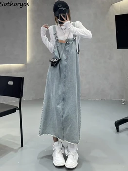 Kadın Askı Elbiseler Denim Moda Kore Tarzı Gevşek Tasarım Tüm Maç Kolej Eğlence Yaz Midi Basit Vintage Kolsuz Yeni