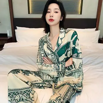 Kadın Gecelik Pijama Gerçek İpek Gecelik Pijama Baskı Pijama Büyük boy Gecelik Pijama Uzun kollu pantolon 2023
