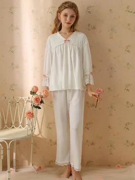 Kadın İlkbahar Sonbahar Uzun Kollu V Yaka Vintage Prenses İki Parçalı Pijama Seti Gevşek Tatlı Kızlar Dantel Peri Pamuklu Pijama