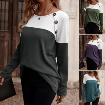 Kadın Renkli Tişört 2023 Sonbahar / Kış Yuvarlak Boyun Rahat Tişörtü Kadın Üstleri Kazak S-XXL