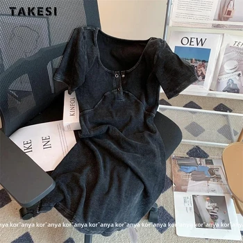 Kadın Seksi Kısa Kollu Yuvarlak Boyun Düz Renk Kılıf Mini Elbiseler 2023 Yaz Sıcak Tatlı Yüksek Bel Slim Fit Siyah Elbise