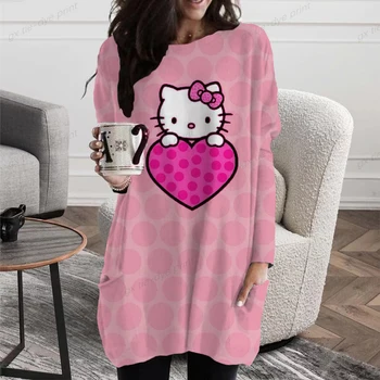Kadın T Shirt Üstleri Karikatür Hello Kitty Kedi Desen Haftasonu Kazak Streetwear Baskı Uzun Kollu Yuvarlak Boyun Temel Temel