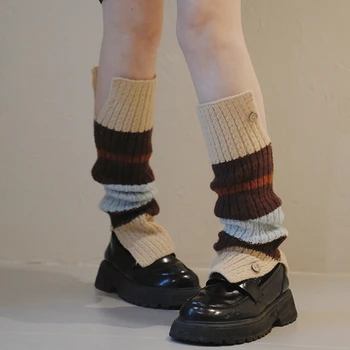 Kadın Y2K Örgü bacak ısıtıcıları Harajuku Kontrast Renk Uzun Çorap Düğmesi Gothtic Vintage Grunge Streetwear Kış