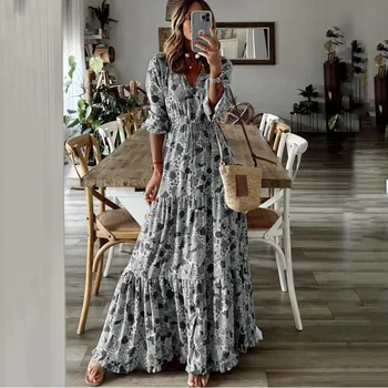 Kadın Çiçek baskılı uzun elbise Vintage Bohemian Plaj Elbiseleri V Yaka Büyük Hem uzun elbise Yarım Kollu Gevşek Büyük askı elbise
