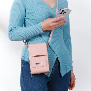 Kadın Çok Fonksiyonlu Çanta Çanta Yumuşak PU Deri Cüzdan Dokunmatik Ekran cep telefonu cüzdanı Düz Renk Crossbody omuz çantaları