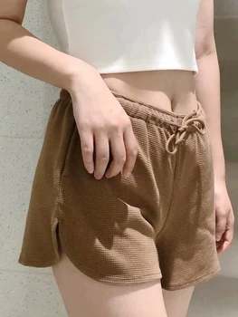 Kahverengi Waffle İpli Spor Şort Kadın Yaz Retro Katı Elastik Yüksek Bel Gevşek Şort Moda Rahat Pamuk kısa pantolon