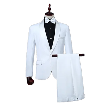 Klasik iki parçalı erkek takım elbise beyaz Blazer ve pantolon temel Slim Fit takım elbise ceket düğün