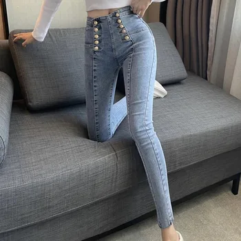 Kore Tarzı Skinny Jeans Kadınlar için Moda Kruvaze Tasarım Pantolon Kadın Yaz Elastik Yüksek Bel Yıkanmış kalem pantolon