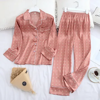 Lisacmvpnel Kadınlar Uzun Kollu Elbise Pijama Bahar Yeni Saten Baskı Moda Pijama Seti