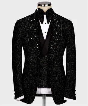 Lüks Glitter Düğün Smokin Siyah Damat Takım Elbise Slim Fit Kristaller Blazer Yelek Pantolon Özelleştirilmiş Resmi Iş Elbisesi Parti Elbise