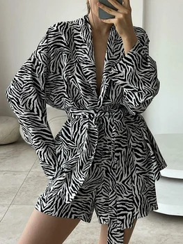 Lınad Baskı Pijama Kadınlar İçin 2 Parça Setleri Gevşek Uzun Kollu Pijama Sashes Kadın Takım Elbise Şort Sonbahar Rahat Kıyafeti