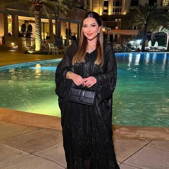 MQ068 Modları müslüman çarşaf moda Elbise Siyah Elbise Sparkly Jakarlı Elbise İki parçalı Set Müslüman Kadın Giyim