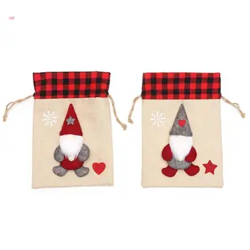 Noel Gnome hediye çantası Kırmızı Ekose Çuval Bezi Peluş Sakal Sarma Çantası Malzemeleri Ev Tatil için Şeker Paketi Çantası