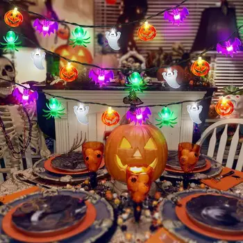 Parti süs Spooky cadılar bayramı dize ışıkları uzaktan kumanda su geçirmez 8 modları pil kumandalı yarasa örümcek kabak dekor ev