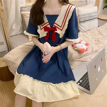 Prenses Tarzı Yaz Kawaii Gecelik Genç Kadın Gecelik Kısa Kollu Elbise Yumuşak Pamuklu Kawaii Japon İç Çamaşırı Homedress