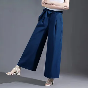 Rahat Pantolon Kadınlar İçin Pamuk Keten Pantolon Yüksek Belli Geniş Bacak Pantolon İpli Düz Renk Yan Cep Pantolon