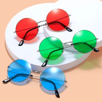 Retro Küçük Yuvarlak Hippi Güneş Gözlüğü Moda Daire Metal Çerçeve güneş gözlüğü Disko Parti Şeker Renk Lens Gözlük Kadın Erkek