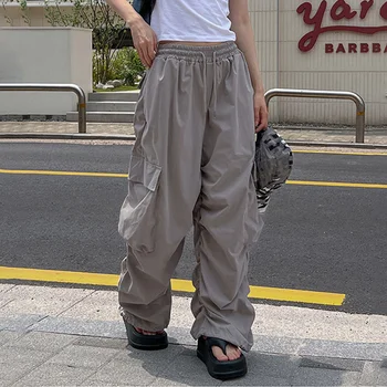 retro pilili iş giysisi pantolon, baharatlı kız ipli yüksek belli rahat pantolon, kadın sokak gevşek gri düz pantolon