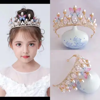 Romantik Kelebek Şekli Prenses Taç Kızlar için El Yapımı Rhinestone Tiara İnci Kafa Bandı Doğum Günü Düğün Modeli Podyum
